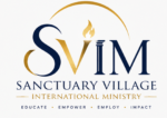 SVIM logo featuring blue and gold lettering, a flame design inside the letter V, a gold covenant symbol above SVIM, and the words Sanctuary Village International Ministry with the mission statement Education, Empower, Employ and Impact.